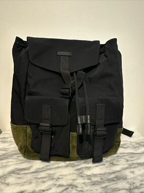 rag & bone Black Fleet Nylon Twill and Olive Suede Utility Backpack